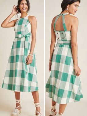 Anthropologie Maeve Greta Gingham Halter Midi Dress Green White Check NWOT 12